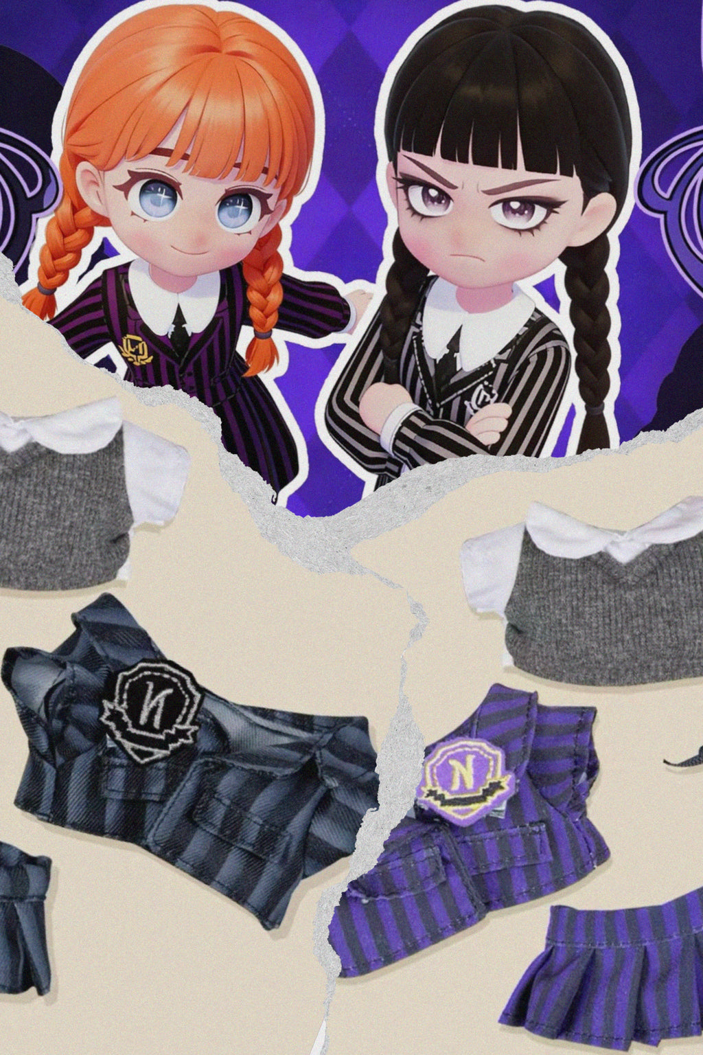 Skullpanda & Labubu Handmade Clothes Set Outfit | Wednesday Uniform